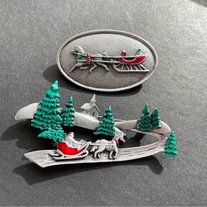 Vintage Santa sleigh scene brooches